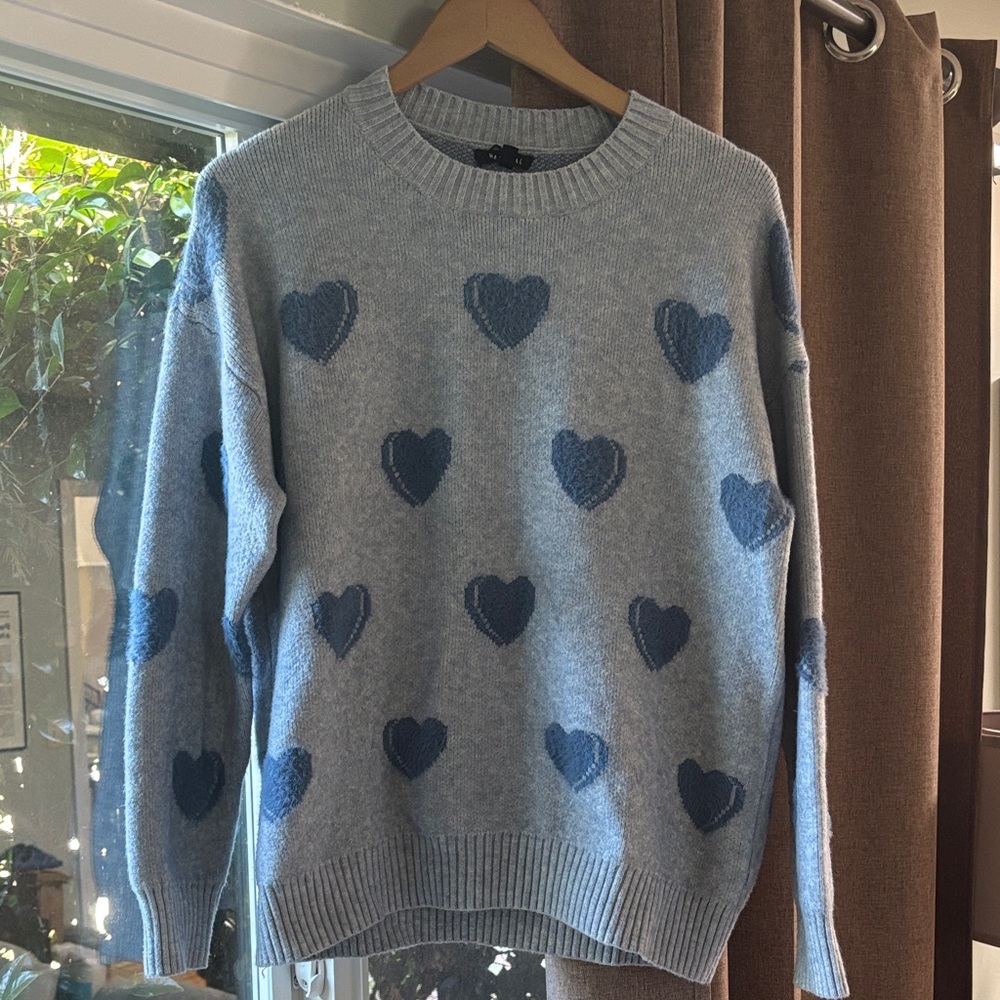 Chic Blue Heart Pattern Crew Neck Sweater